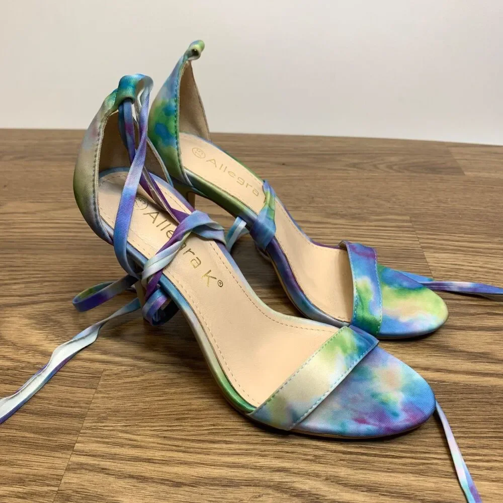 Allegra K Womens Open‎ Toe Watercolor Heel Printed Ankle Strap Sandals Size 7.5